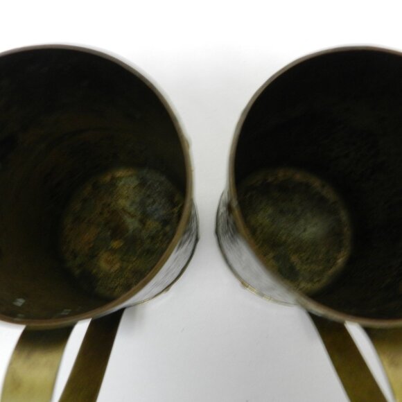 Aztec Mayan Calendar Vintage Brass Copper Mug Mexican Cup with Emblem Set 2 Pair - Picture 7 of 10